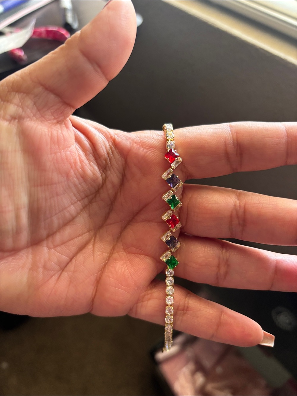Gold-Plated Multi-Gemstone Tennis Bracelet - Red, Green, Purple. Laminated Gold